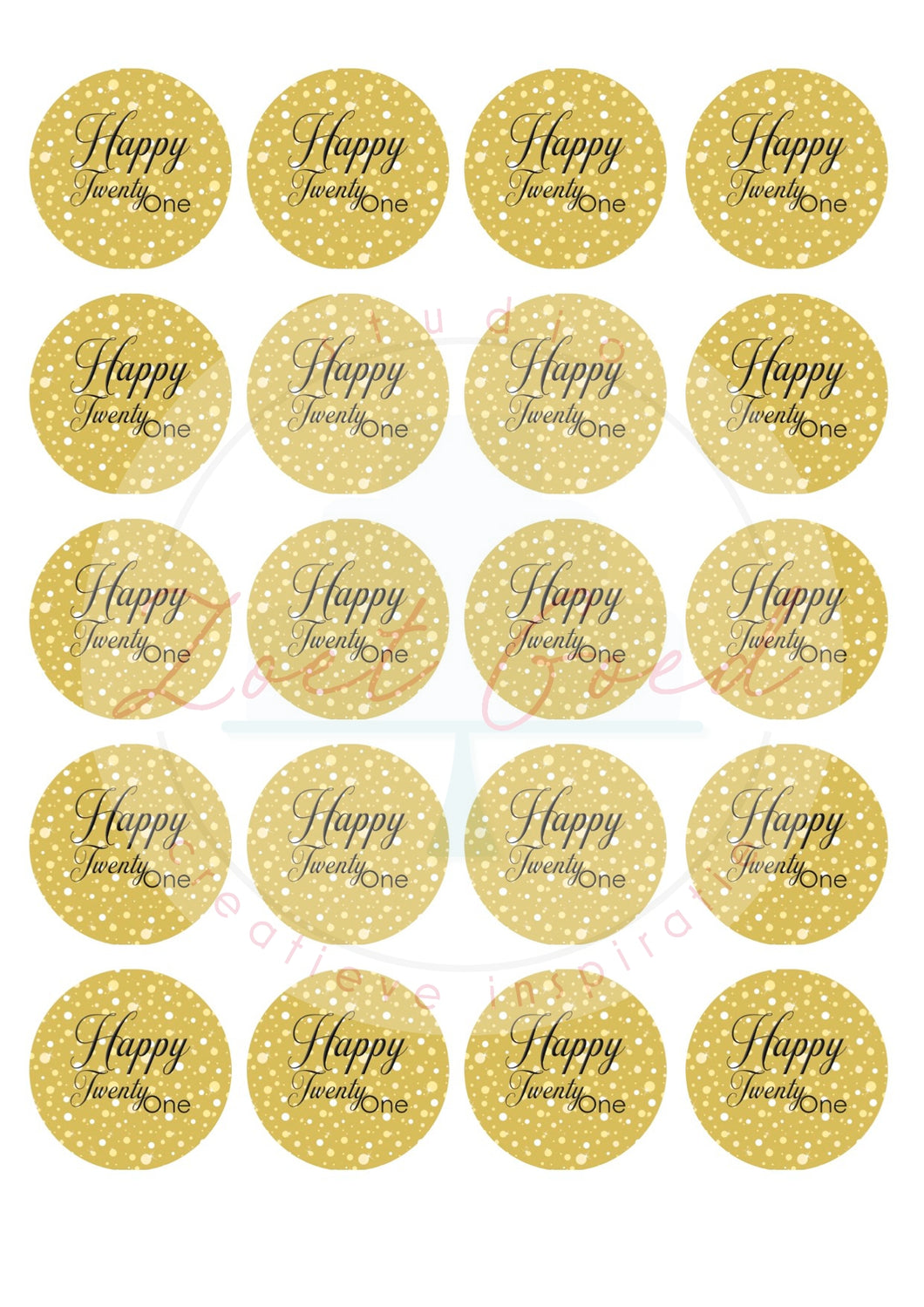Eetbare prints - Tekst Happy 21 goud