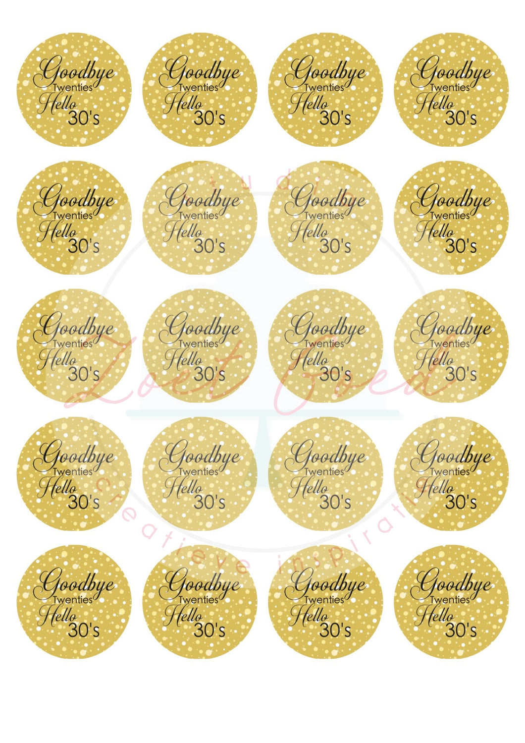 Eetbare prints - Tekst Goodbye 20 Hello 30 goud